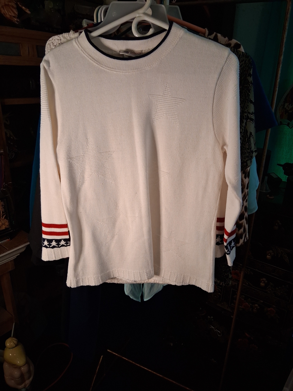 Faded Glory Cream Knit Crewneck Sweater with Red & Navy Trim
